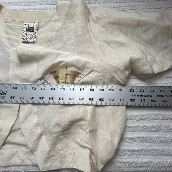 Vintage Blue Fish Ivory Hemp Silk Hand Printed Cropped Blazer Size 0 Lightweight - Picture 6 of 8